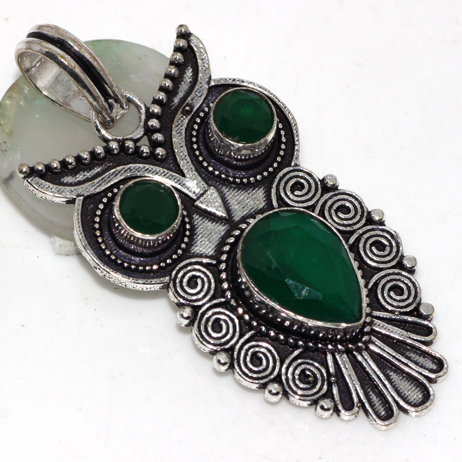 Green Onyx 925 Silver Plated Owl Gemstone Handmade Pendant 2.1 Inch New Arrival JW