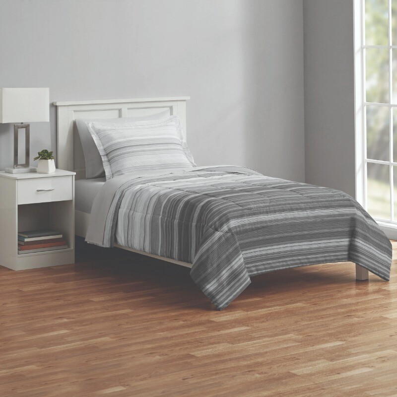 5-Piece Reversible Grey Stripe Twin-XL Bed in a Bag Comforter Set with Sheets