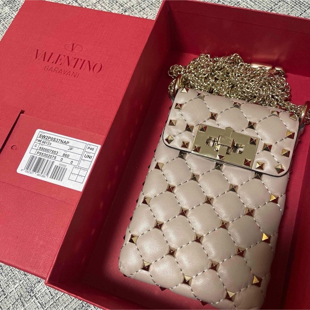 VALENTINO pink beige studded chain phone bag near mint condition from Japan