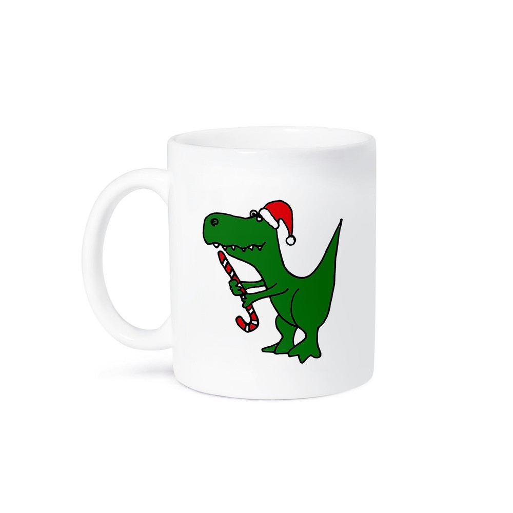 3dRose, Funny Green Trex Dinosaur in Santa Hat with Candy Cane , Mug