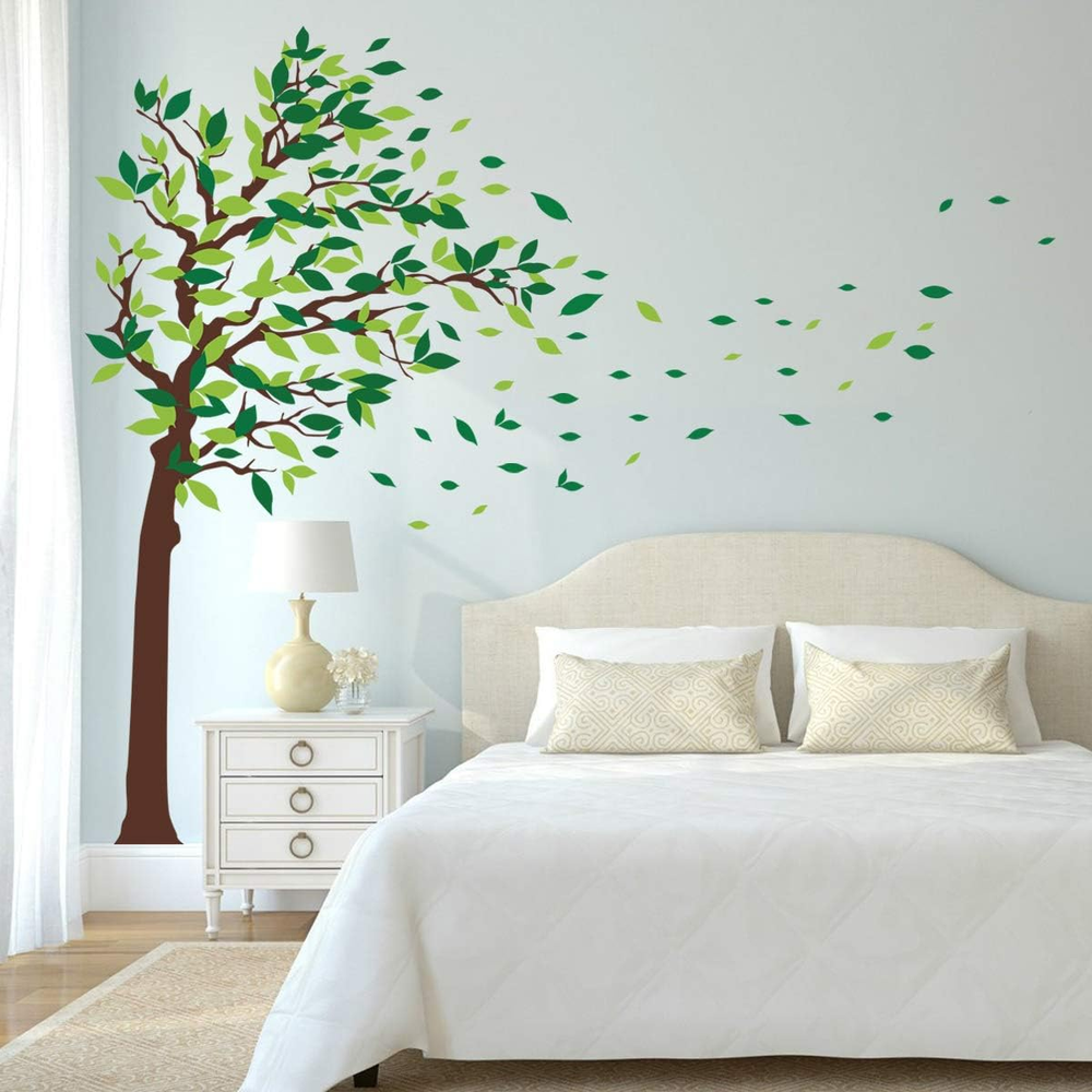 Green Tree Wall Stickers Flying Leaves Wall Decals for Home Living Room Bedroom