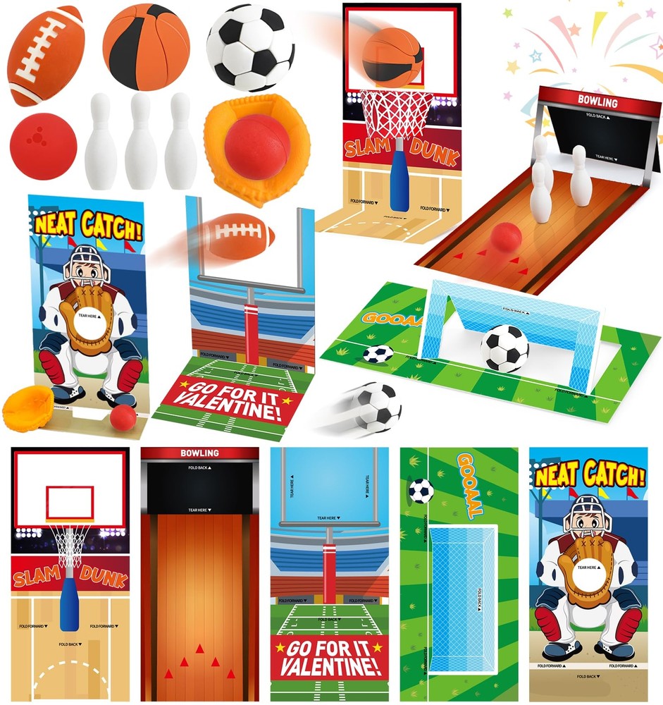 30 Valentines Cards for Kids with Mini Sports Ball Erasers – Classroom Party Fun