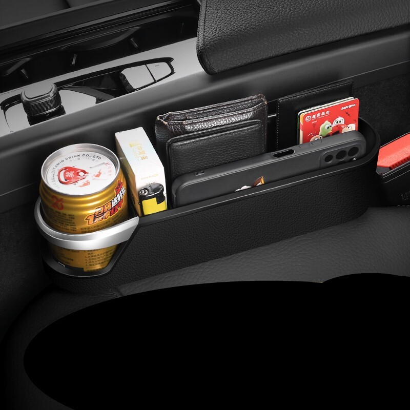 Left Side Car Seat Gap Storage Box with Cup Holder in Black