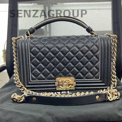 Chanel Le Boy Medium Black Gold Quilted Chain Shoulder Bag Classic