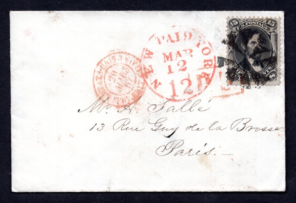 US TO FRANCE 1867 A. LINCOLN SCOTT #77 TIED FANCY CANCEL WITH 