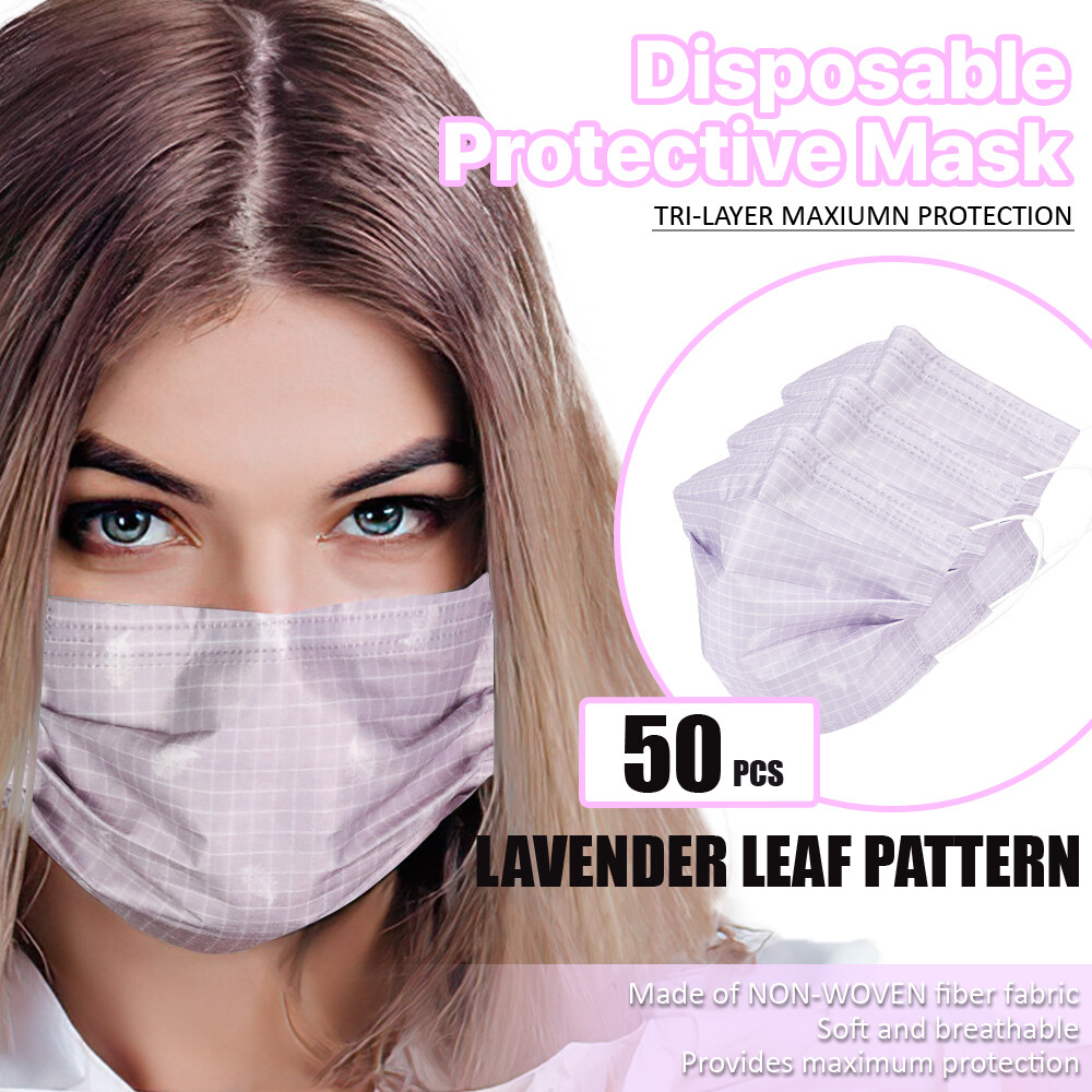 [Lavender Plaid] 50 PCS Disposable Face Mask 3-Ply Non-Medical Protection Cover
