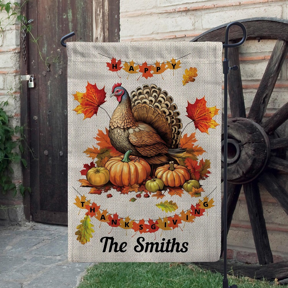 Personalized Thanksgiving Maple Leaf Turkey Fall Garden Flag