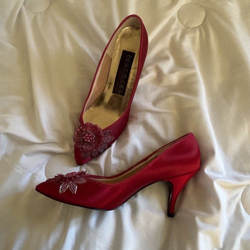 Peacocks Signature Womens Vintage Floral Beaded Satin Pointed Toe Heels Size 7.5