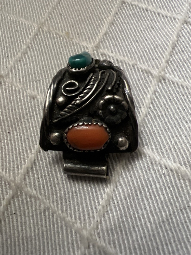 Navajo Native Turquoise And Red Coral One Piece Watch Band Vtg