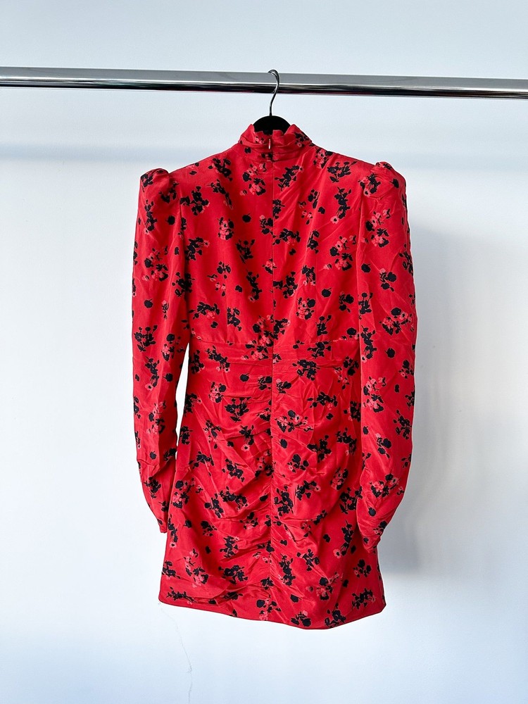 Alessandra Rich Red Rose Print Silk High Neck Draped Mini Dress BNWT UK 10