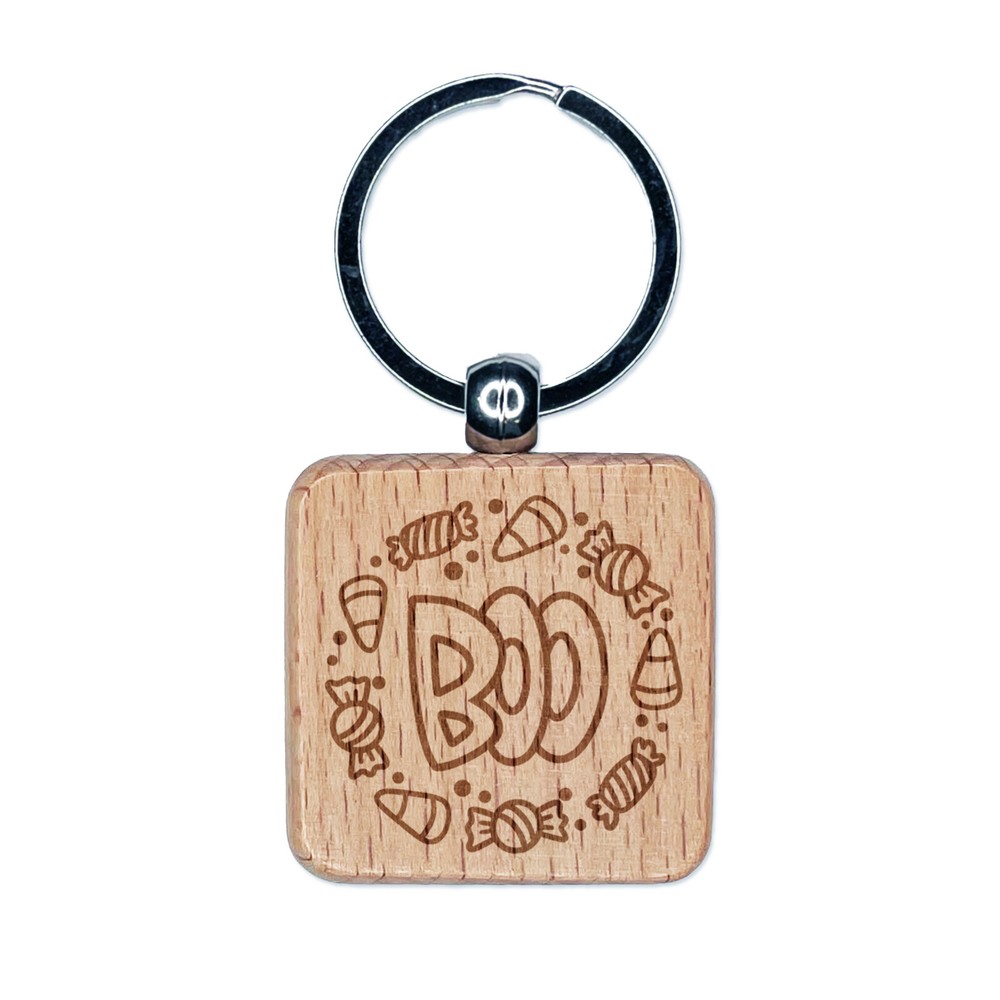 Boo Halloween Candy Engraved Wood Square Keychain Tag Charm