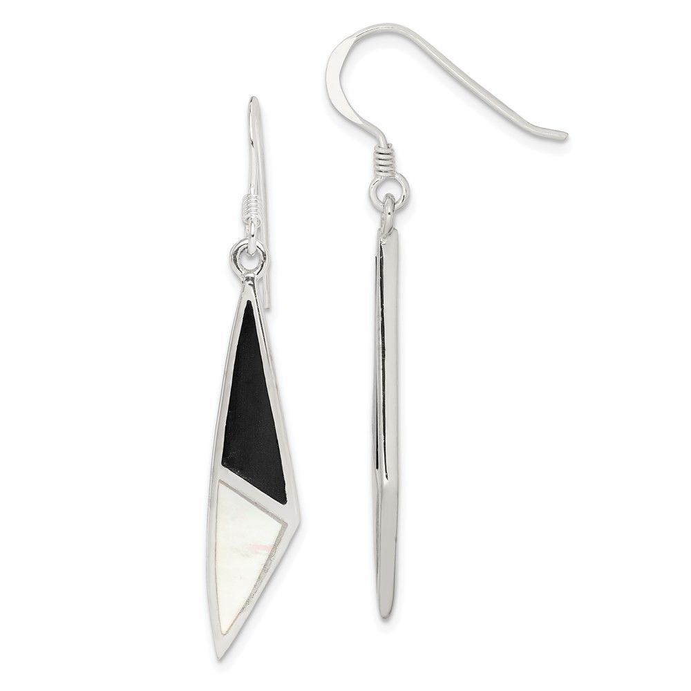 Sterling Silver Polished Onyx & Mother of Pearl Drop & Dangle Earrings 3.06gm