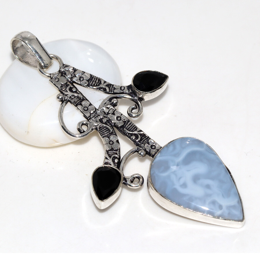Owhyee Blue Opal Black Onyx 925 Silver Plated Pendant 3 Inch Jewelry