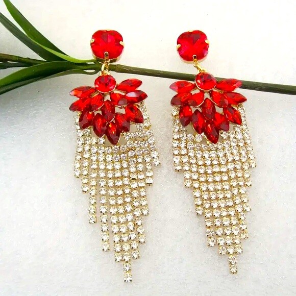 Red Earrings Long Gold Tassel Rhinestone Earrings Crystal Drop Earrings Bridal