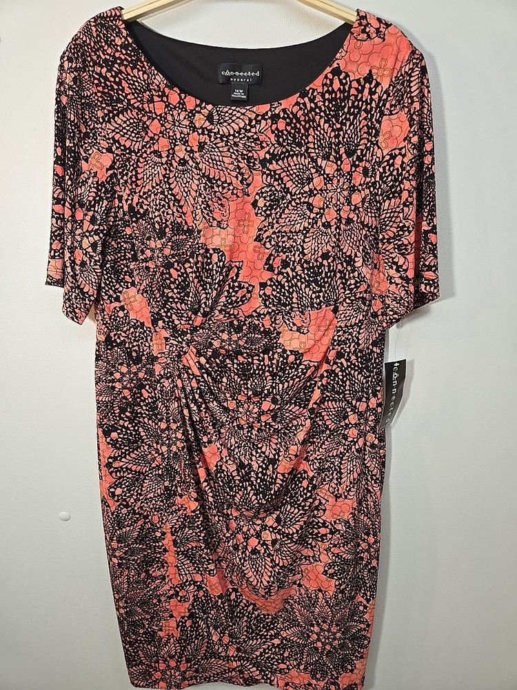NWT Connected Apparel Orange Black Size 14W Floral Stretch Ruched Empire Dress