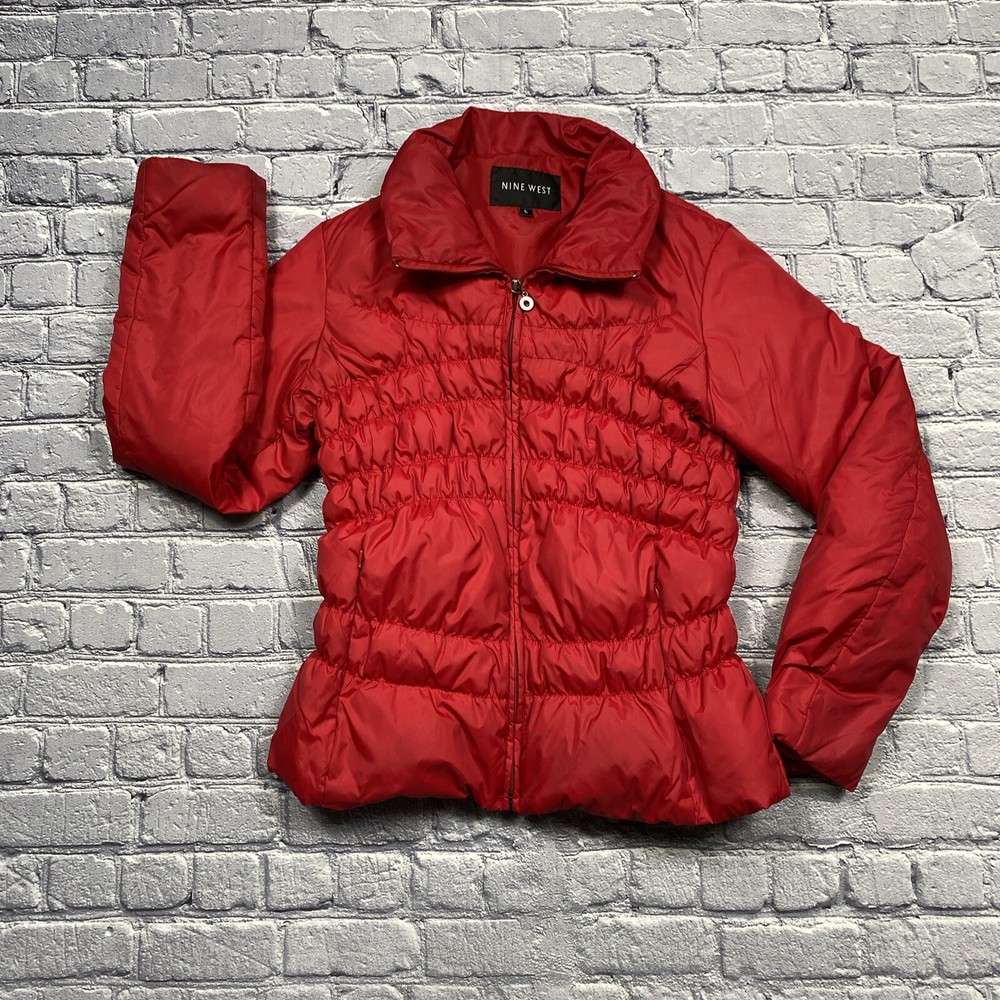 Nine West Down Puffer Jacket Women’s Size L Red Bold Luxury Packable Coat