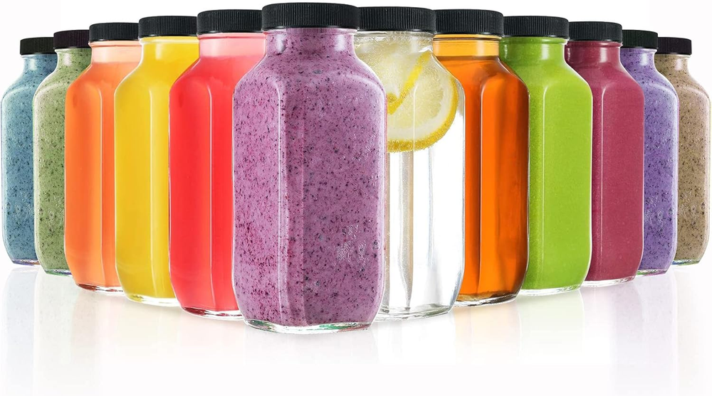 12-Pack Glass Juice Bottles with Lids, 8Oz Glass Bottles with Lids for Juice, Sm