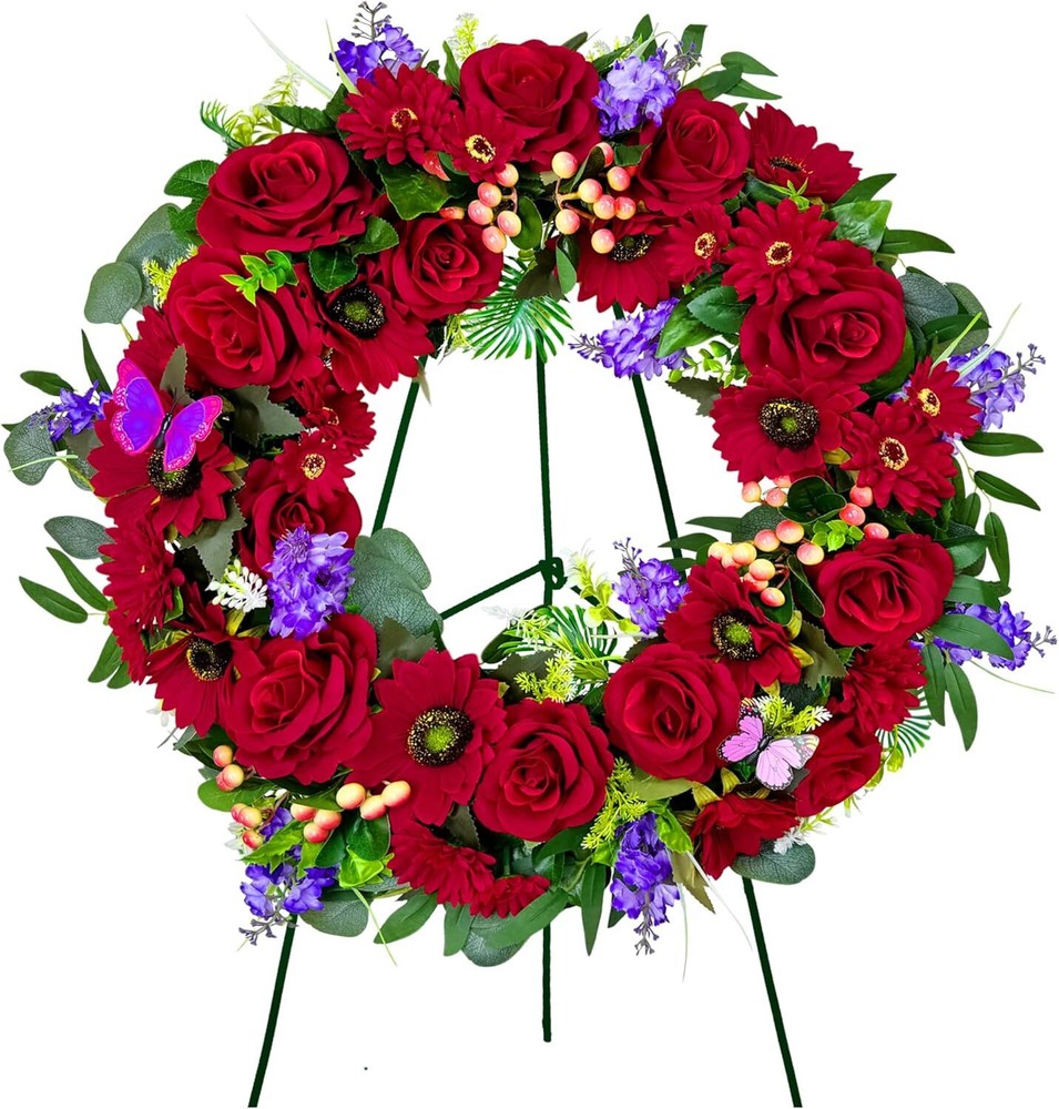 Red Roses Memorial Cemetery Wreath with 30 Inch Easeal Stand for Graves
