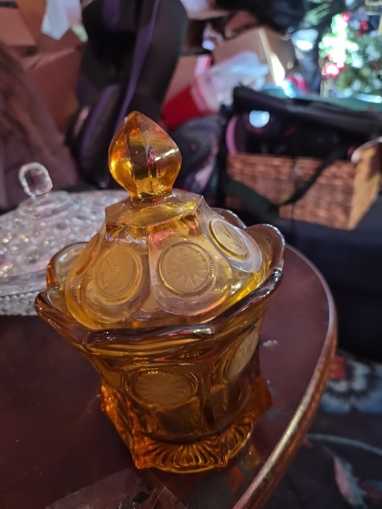 Vintage Fostoria Amber Coin Glass Round Covered Lidded Dish 6