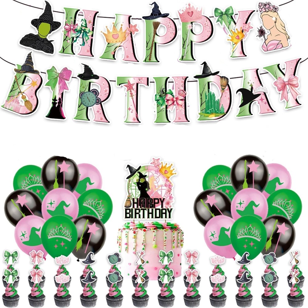 Wicked Birthday Decorations Set,Include 1 Banner,  18 Balloons,  25 Cake Toppers