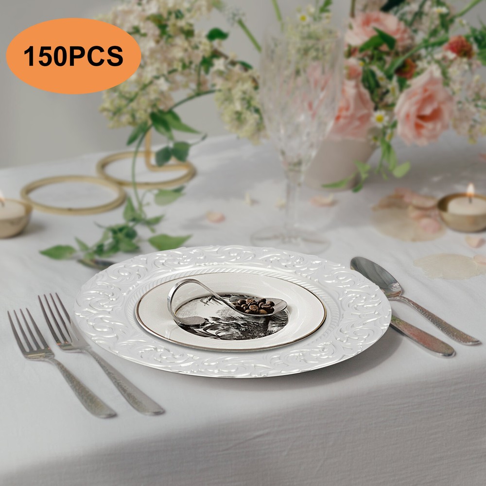 150pcs Plates Set, Silver Round Plates with Patterns, Reusable, for Restaurant