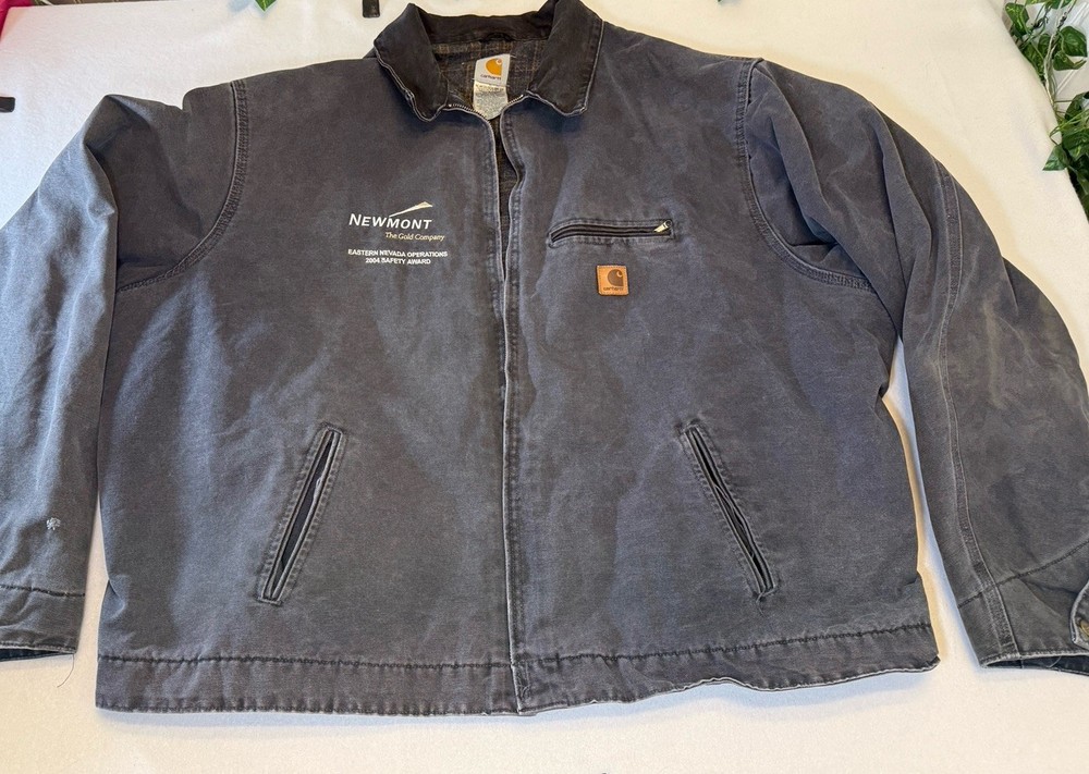 VINTAGE Carhartt Quilt Lined Duck Jacket Gray 4XL Tall Logo Distressed Made USA