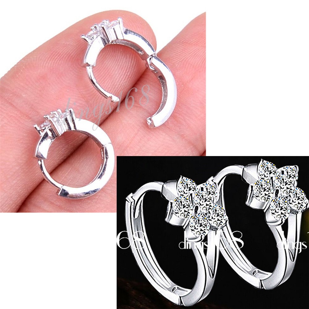 925 Sterling Silver Crystal Flower Huggie Hoop Earrings 13mm
