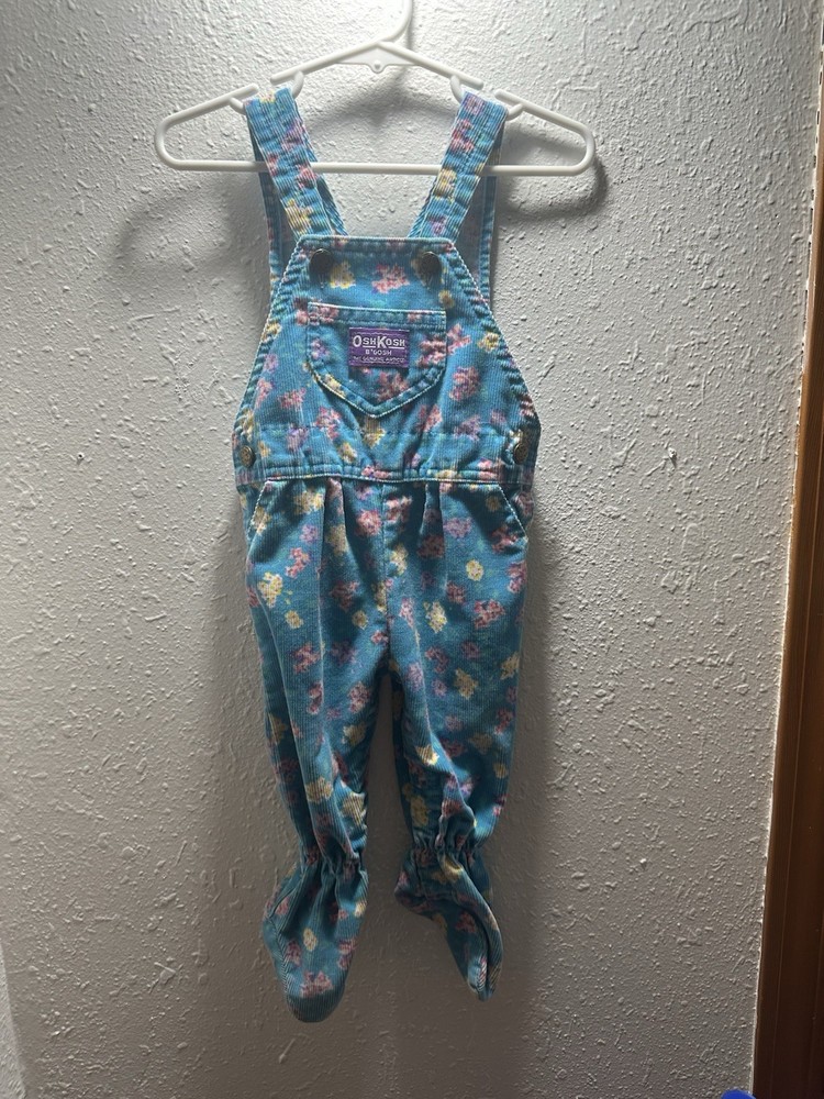 Vintage OshKosh B'gosh Floral Corduroy Overall One-Piece 6/9 Months Blue Pink