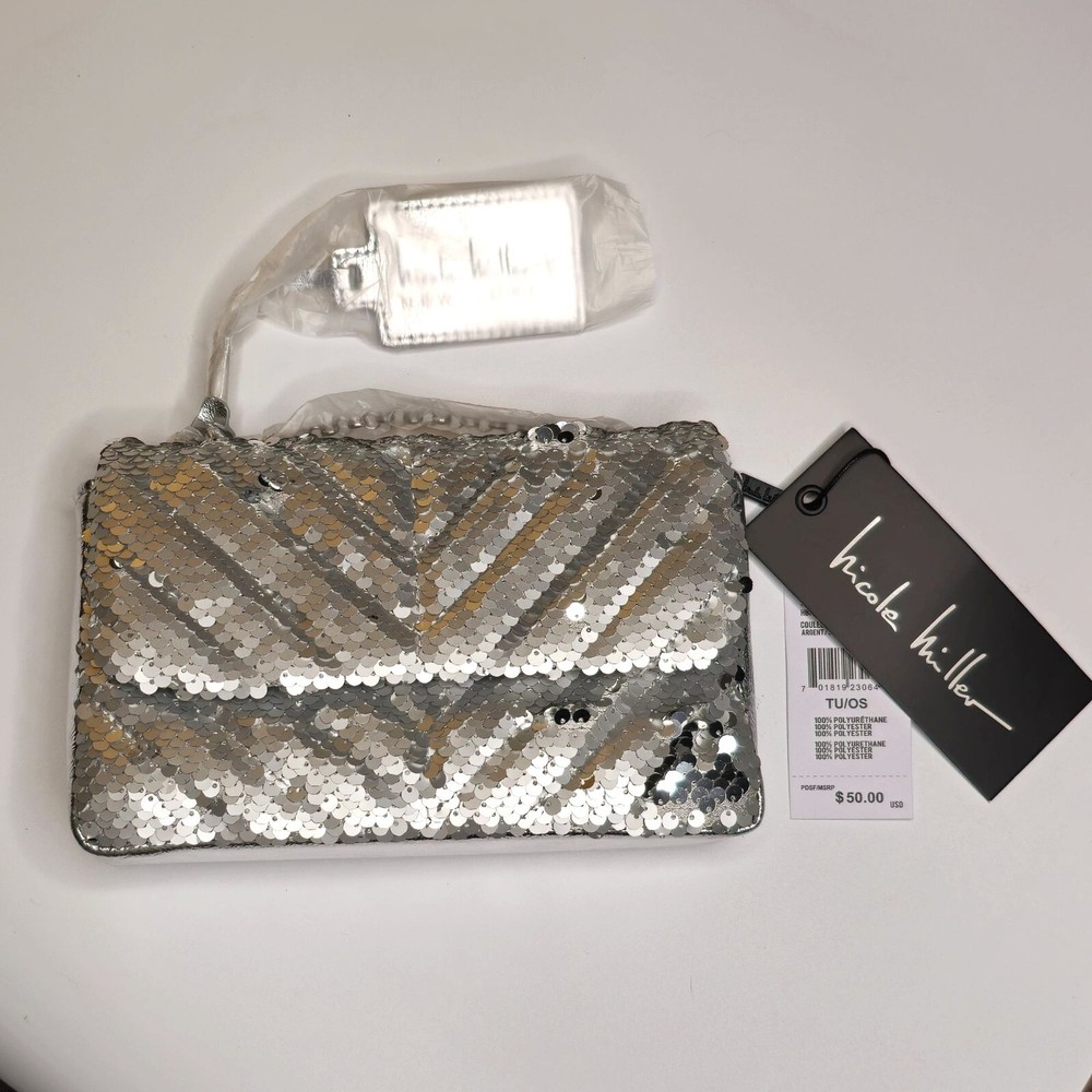 Nicole Miller Silver Sequin Mermaid Convertible Crossbody Bag with Chain Strap and ID Tag