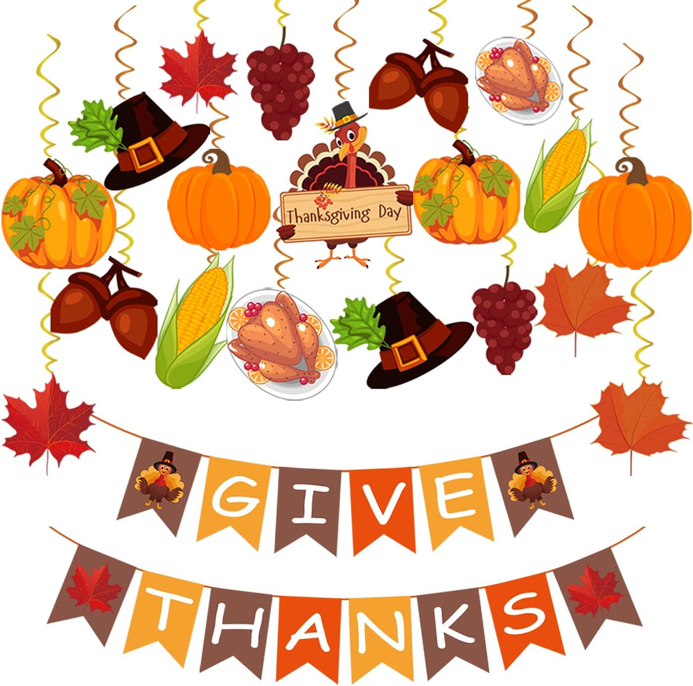 42 Pcs Thanksgiving Decor: GIVE THANKS Banner & Hanging Swirls!