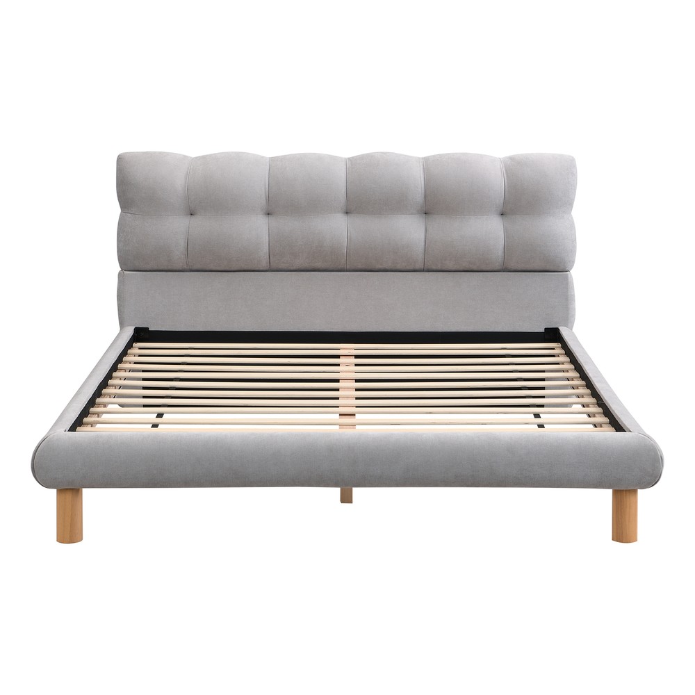 Queen Size Upholstered Platform Bed Frame with Cookie-Shaped Soft Headboard, Eas