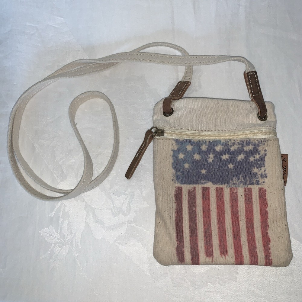 Sun N Sand beige canvas Crossbody Shoulder Bag Beach Boho USA Flag