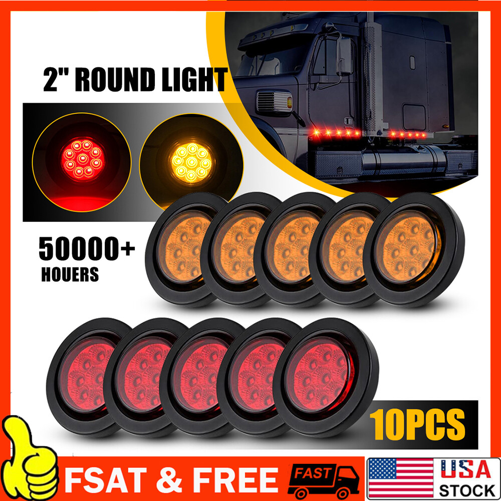 10x 2Inch DOT Red Amber Round 9 LED Trailer Marker Lights with Grommets for Trucks RVs
