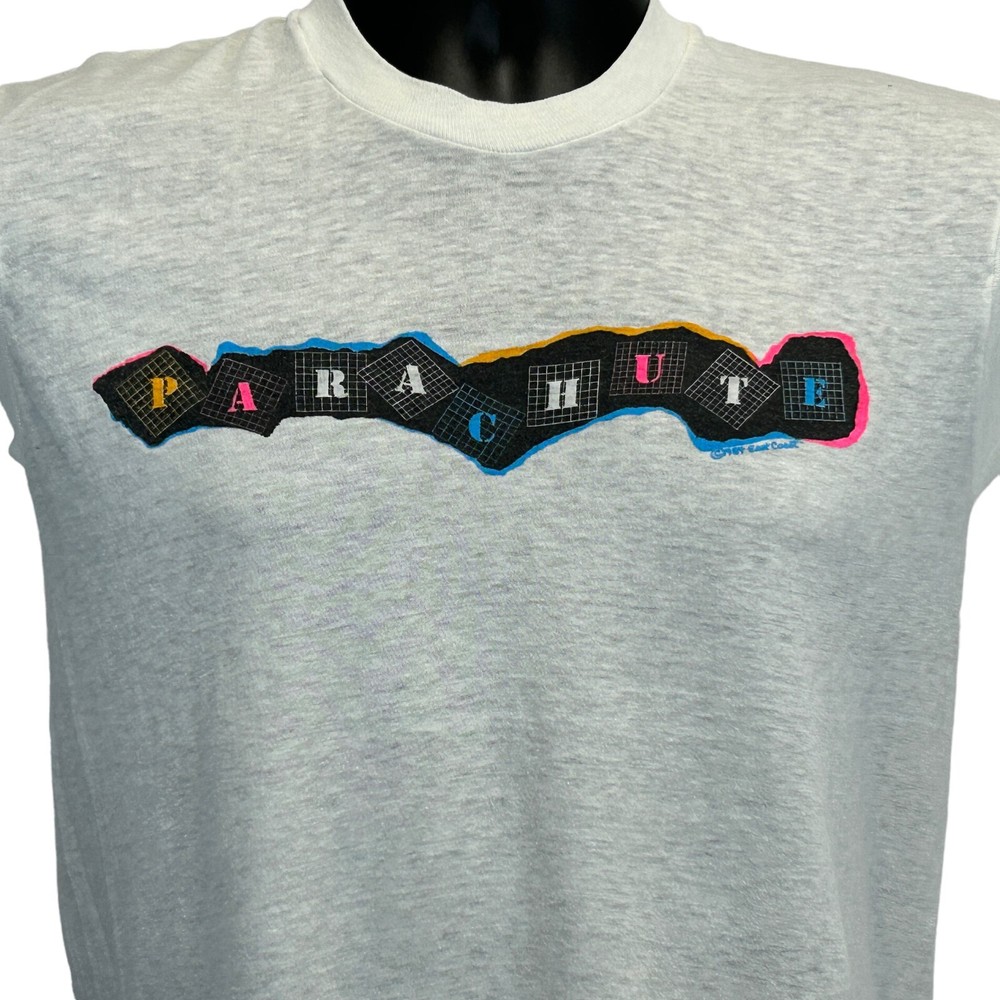 Vintage 80s Made in USA White Sleeveless Skydiving Parachute T-Shirt Men's Small