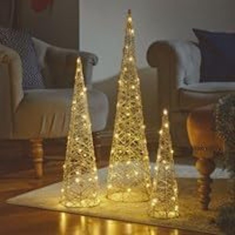 Festive Set of 3 Gold Weave Light Up Treebelisks Christmas Cone Trees on Timer