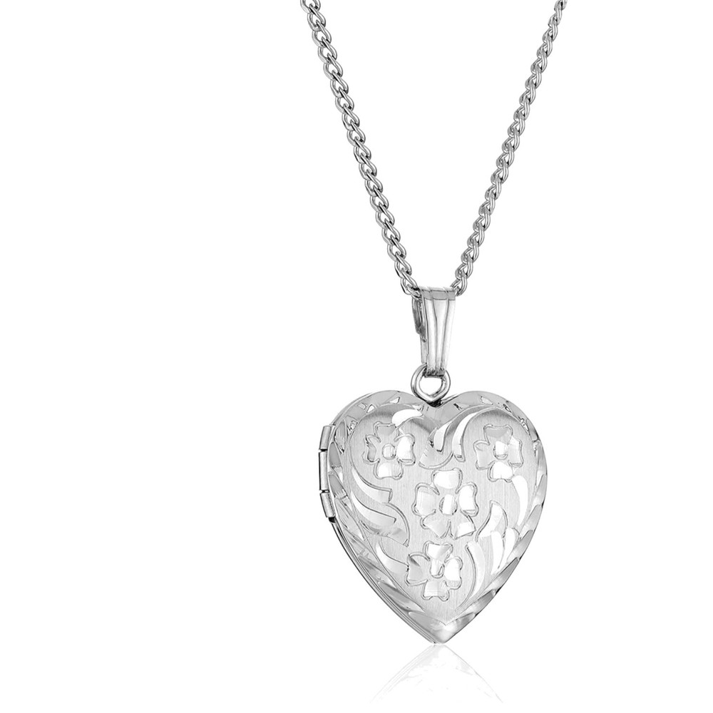 14k Gold-Plated Heart Locket Necklace with Engraved Flowers 18 Inch Chain