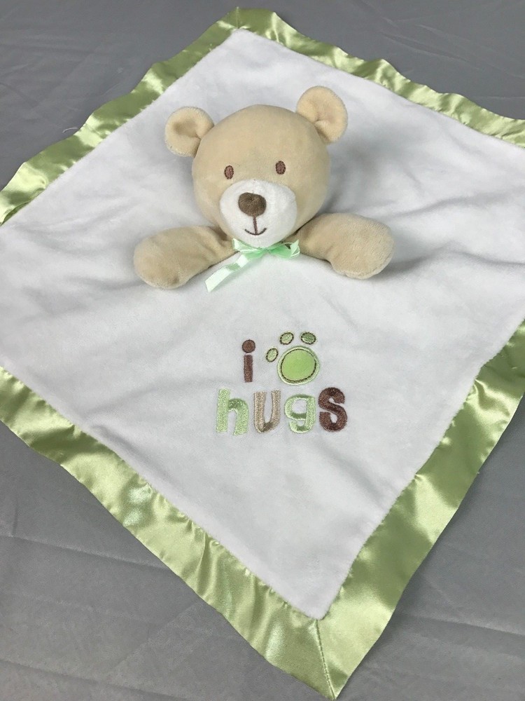 Baby Gear Tan Brown Bear White Green Satin Security Blanket I Paw Print Hugs
