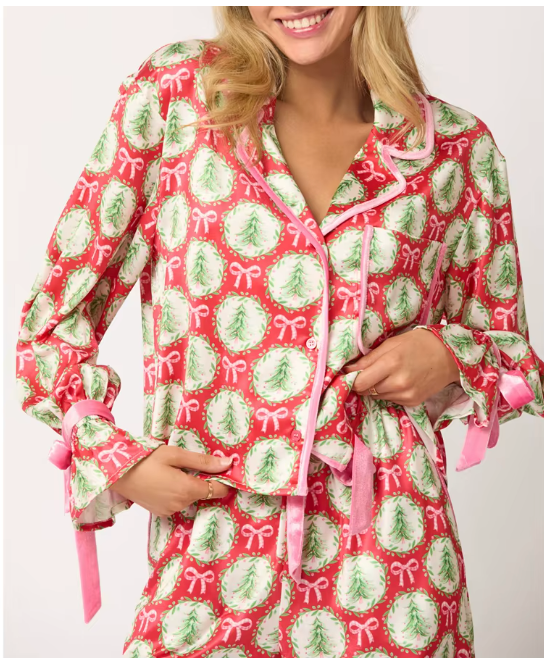 Tree/Bow Christmas Satin Pajama Set – Bow Tie Long Sleeve Shirt & Shorts 2-Piece