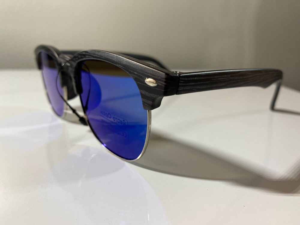 Vintage 60s Wood-Frame Sunglasses with Blue Mirror Lenses