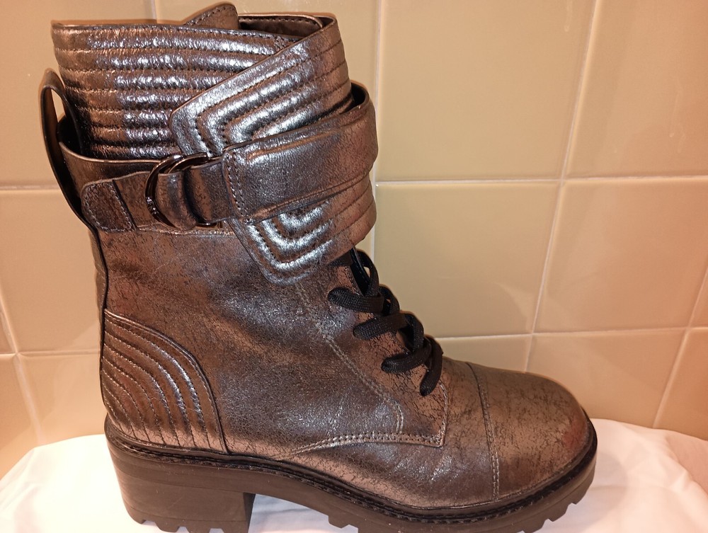 DKNY Basia Combat Boots Falcao Leather Gunmetal Size 6M MidCalf Staps & Buckles