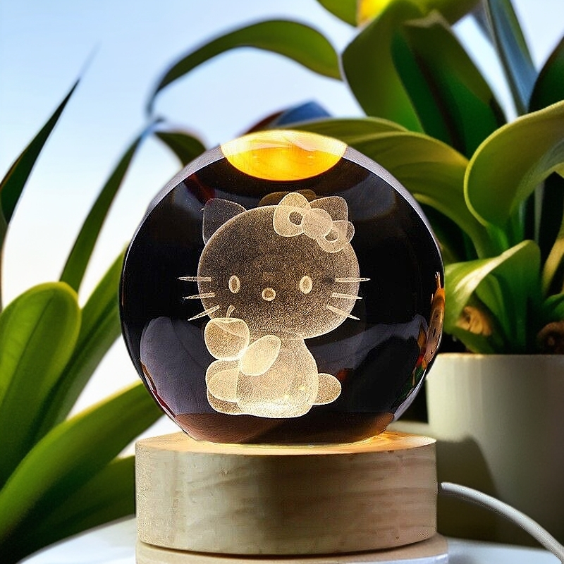 3D Carved KT Cat Crystal Ball Night Light with Wooden Base - Kids Gift Healing Decor