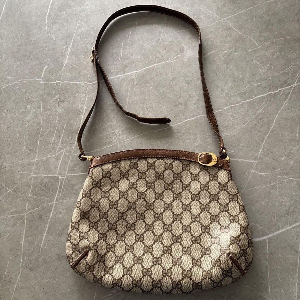 Gucci GG Canvas Shoulder Bag in Brown Beige with Adjustable Strap Pre-Owned