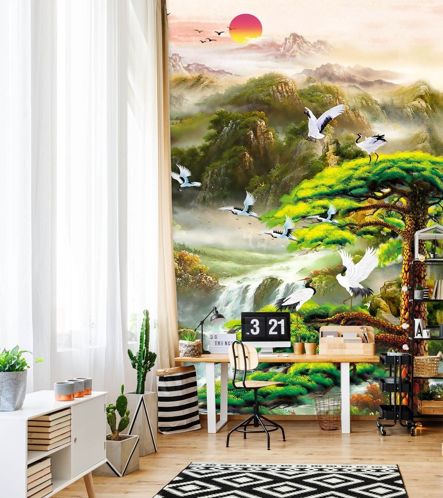 3D Pine Crane Self-Adhesive Wallpaper Mural Removable Decor ZHUA46490