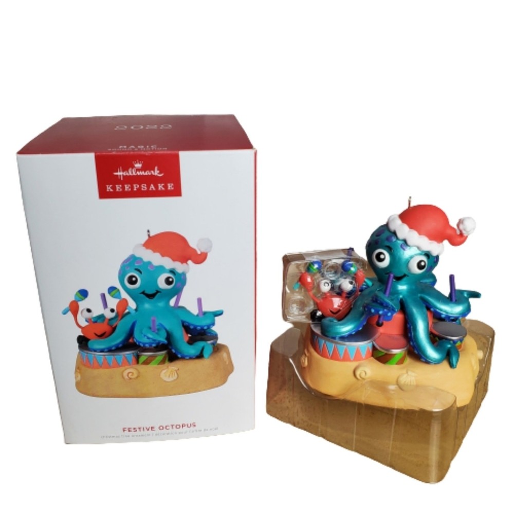 New Open Box Hallmark Keepsake 2022 Festive Octopus Christmas Musical Ornament