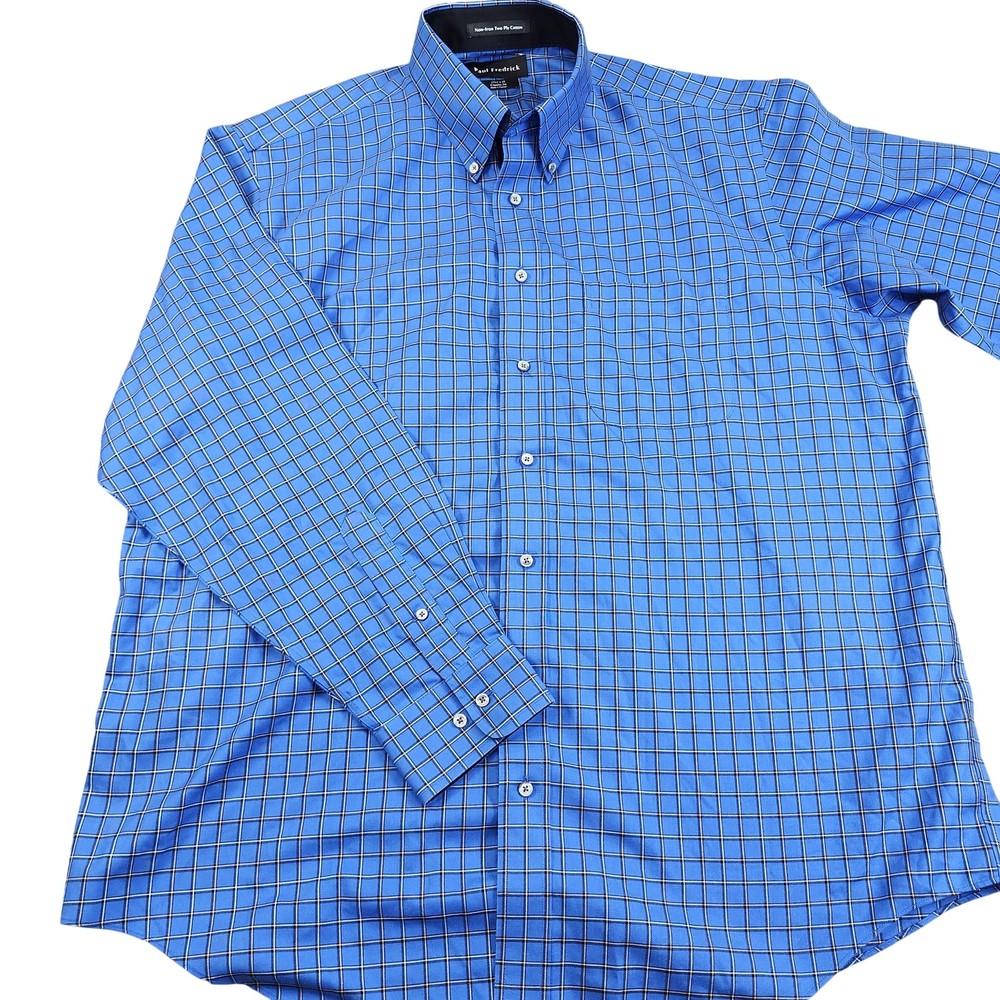 Paul Fredrick Dress Shirt Mens 17.5 34/35 Blue Check Non Iron Classic Fit