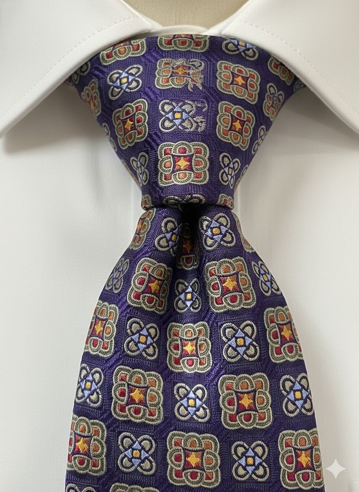 Hickey Freeman Silk Tie Purple Geometric Medallion Men’s Necktie Made in Italy