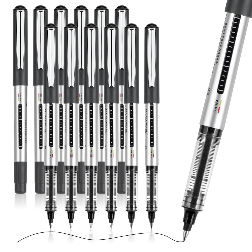 12 Pack Rollerball Gel Pens - Black Ink, 0.5mm Point, Quick-Drying and Perfec...
