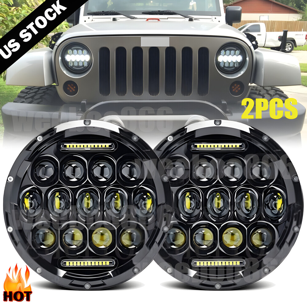 Pair 7 inch Round LED Headlight Hi/Lo DRL for Jeep Wrangler JK LJ TJ CJ DOT