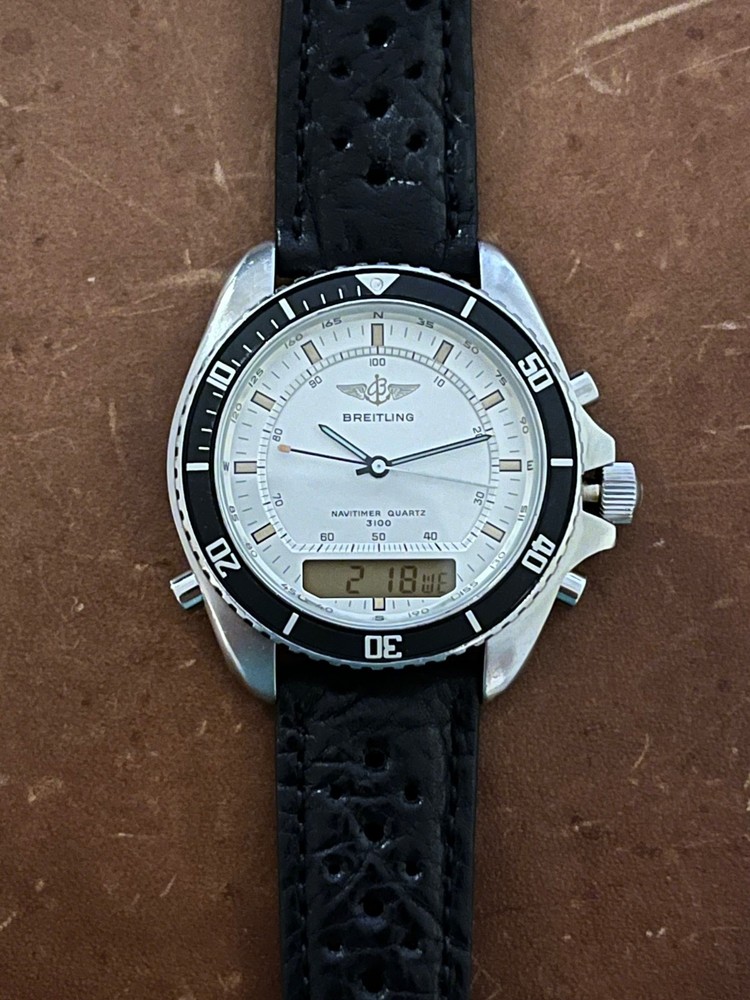 Breitling Pluton 3100 White/Silver Dial Navitimer Ana/Digi Watch FULLY WORKING