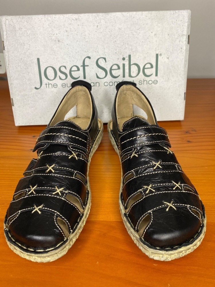 Josef Seibel Black Leather Adjustable Strap Sandals Size 37/6 with Padded Comfort